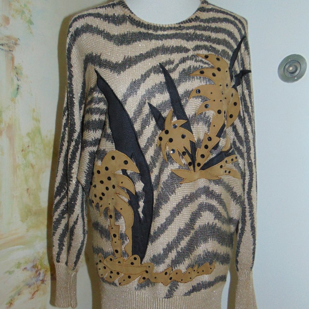 Vintage 80s Suzelle Metallic Gold Black Knit Zebra Print Floral Sweater Small S